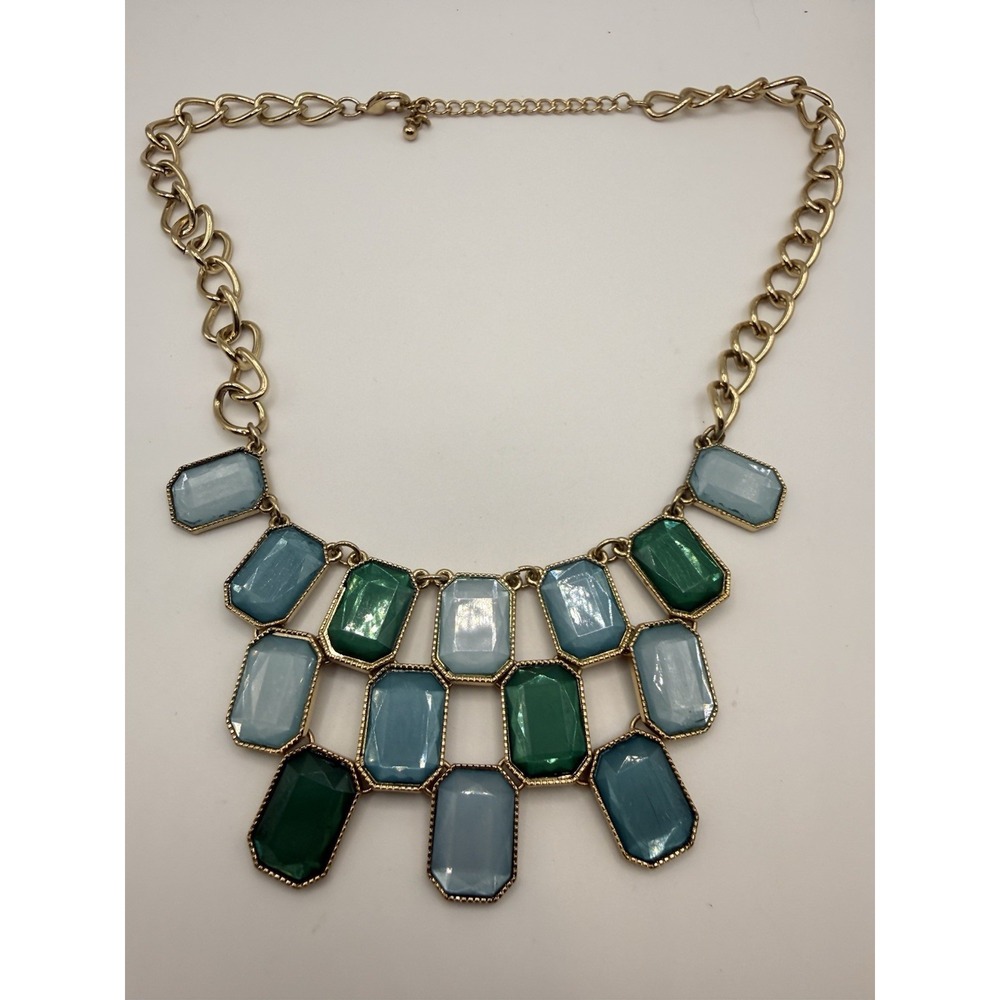 Gold Tone Blue Green Bib Necklace Statement Geometric 18"
